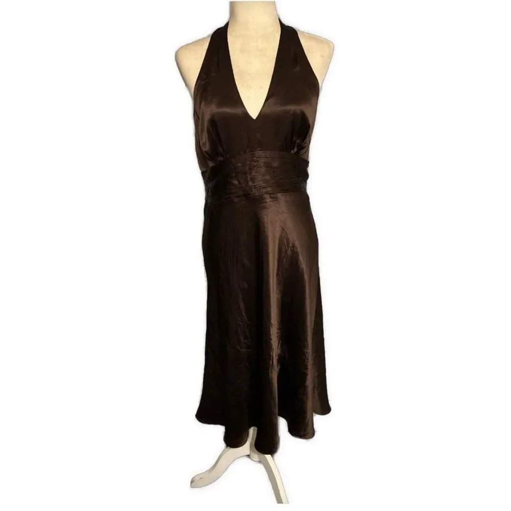 ann taylor New solid brown halter silk V Neck Formal Midi Dress 10 Medium